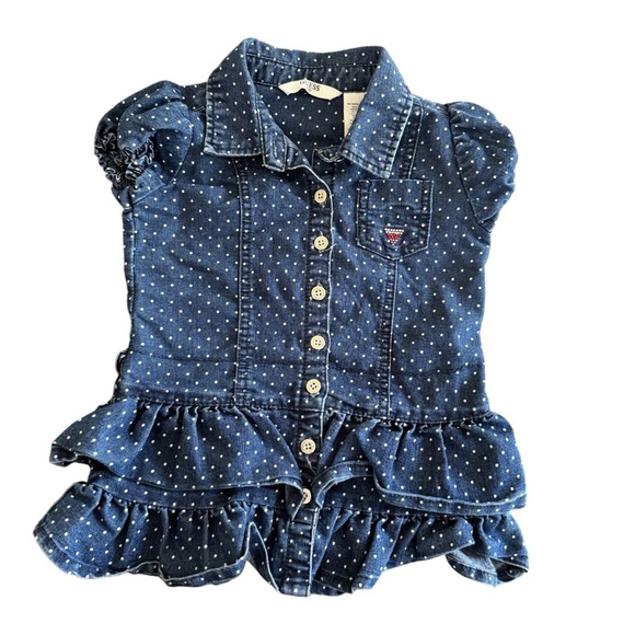 Guess Blue Denim Jean Polka Dot Ruffle Dress Short Sleeve Toddler Girl 2T - Picture 1 of 4